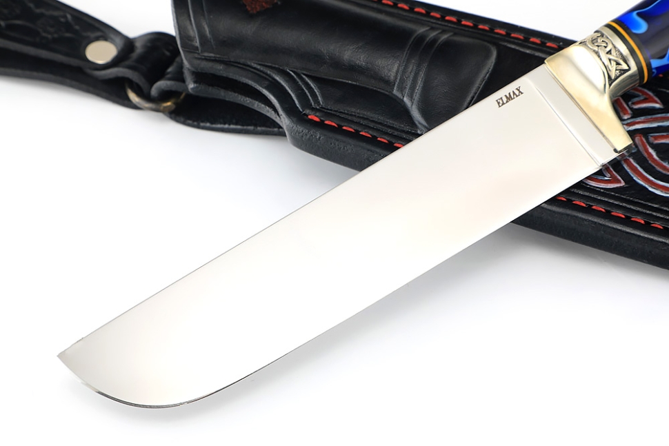 Нож Узбек (порошковая сталь ELMAX, вставка акрил синий, кап клена зеленый) формованные ножны