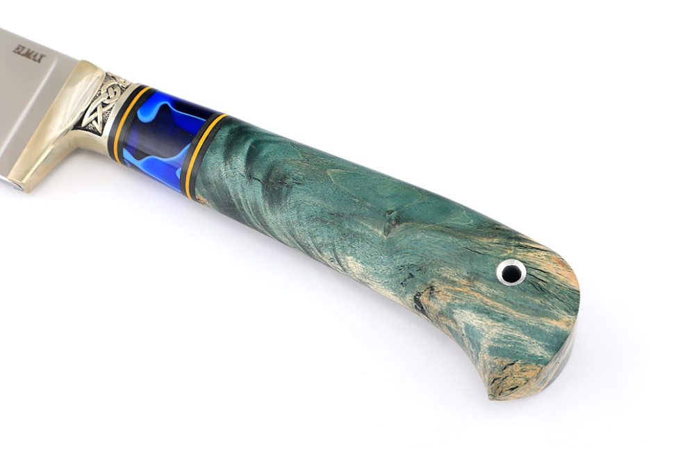 Нож Узбек (порошковая сталь ELMAX, вставка акрил синий, кап клена зеленый) формованные ножны