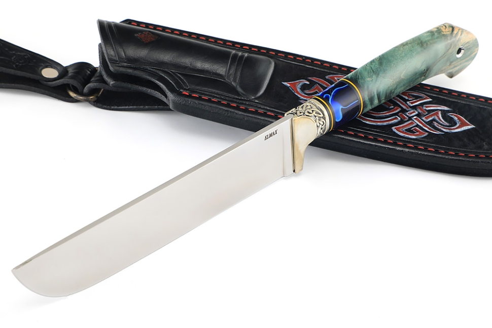 Нож Узбек (порошковая сталь ELMAX, вставка акрил синий, кап клена зеленый) формованные ножны