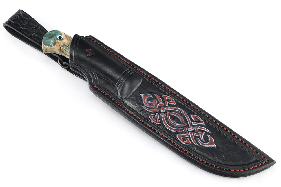 Нож Узбек (порошковая сталь ELMAX, вставка акрил синий, кап клена зеленый) формованные ножны