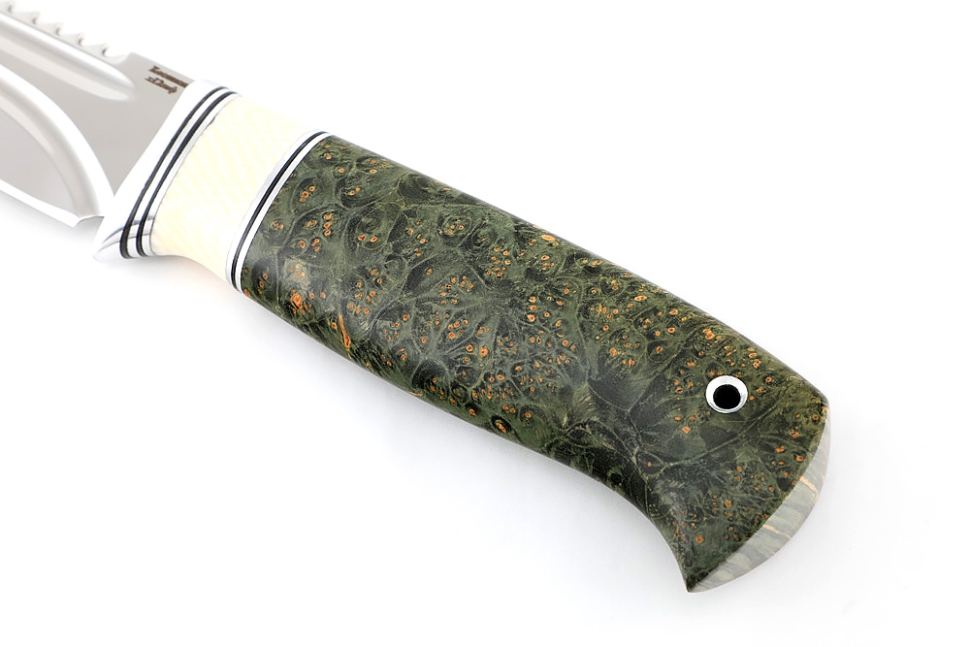 Нож Судак большой (х12МФ - долы, вставка кость, кап клена зеленый) формованные ножны