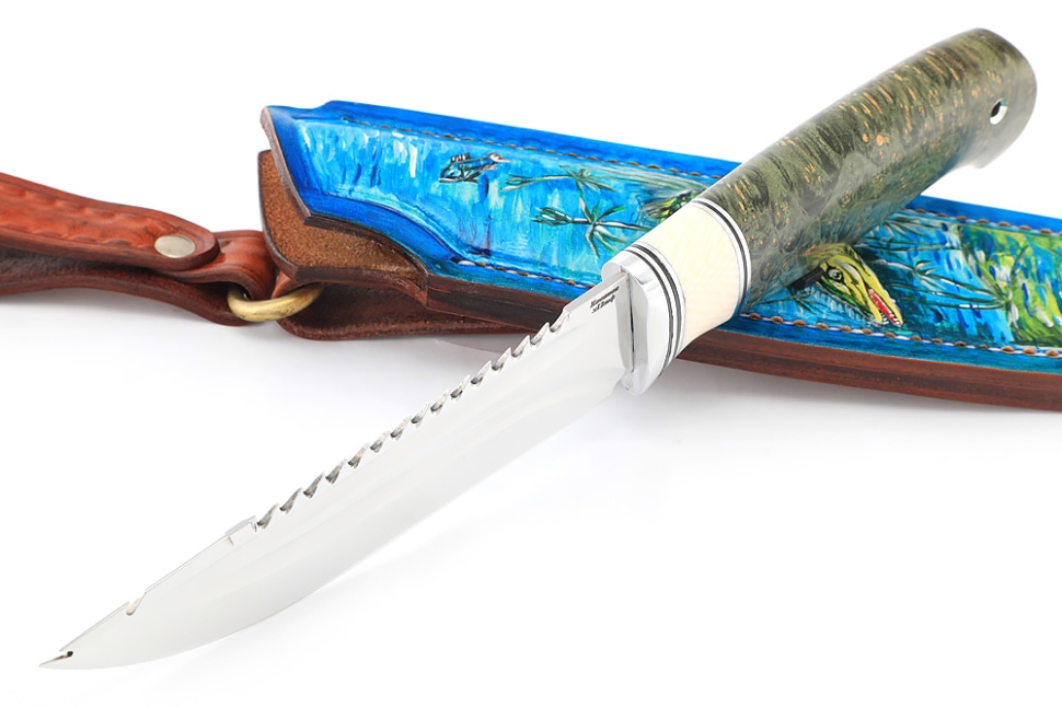 Нож Судак большой (х12МФ - долы, вставка кость, кап клена зеленый) формованные ножны