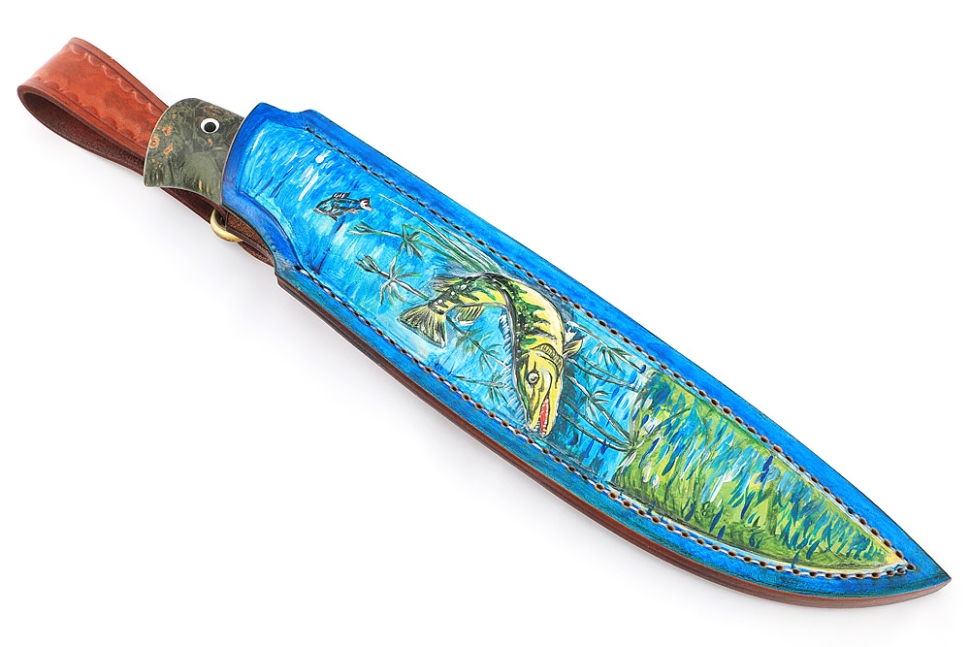 Нож Судак большой (х12МФ - долы, вставка кость, кап клена зеленый) формованные ножны