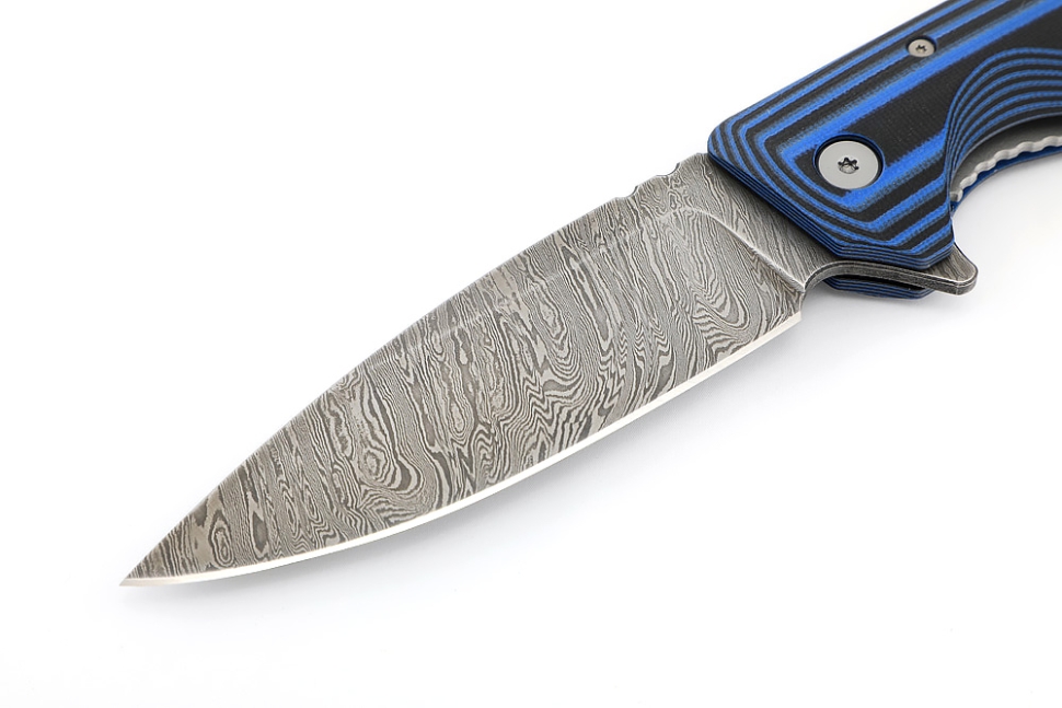 Нож складной Турист дамаск рукоять G10 черно-синяя