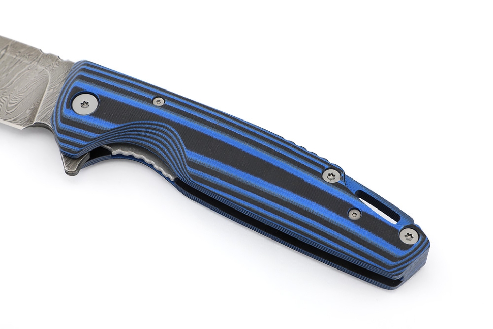 Нож складной Турист дамаск рукоять G10 черно-синяя