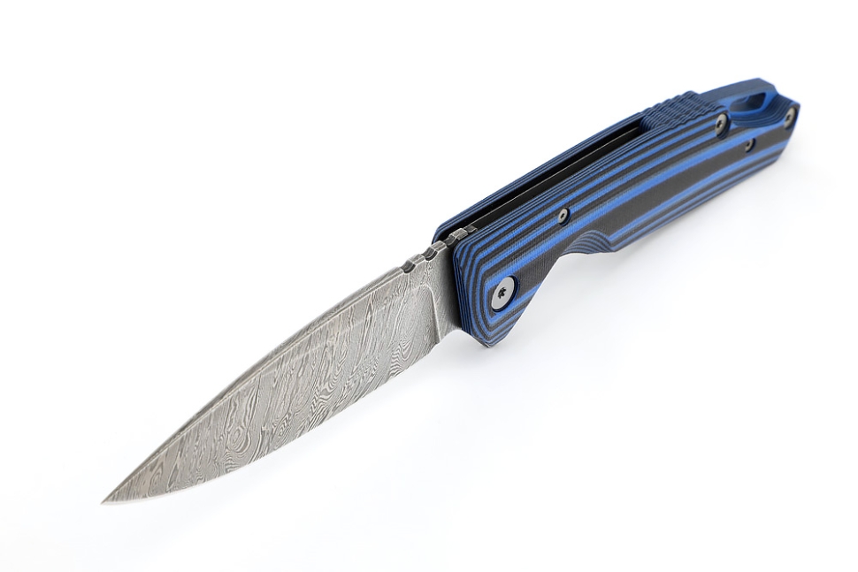 Нож складной Турист дамаск рукоять G10 черно-синяя