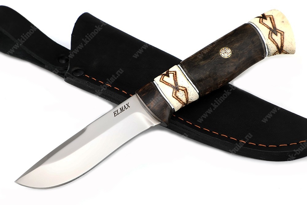 Нож Глухарь (Р18, рукоять рог лося, вставка акрил, карельская берёза) выжигание на кости