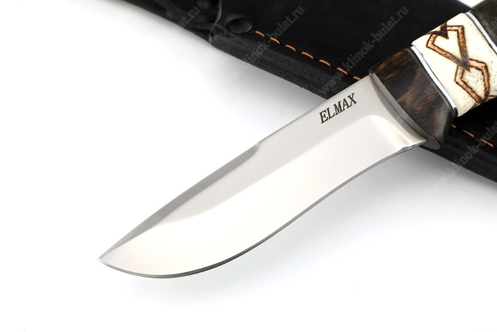 Нож Финт (порошковая сталь Elmax, наборная рукоять рог лося, стабилизированная карельская берёза, выжигание на кости) мозаичный пин