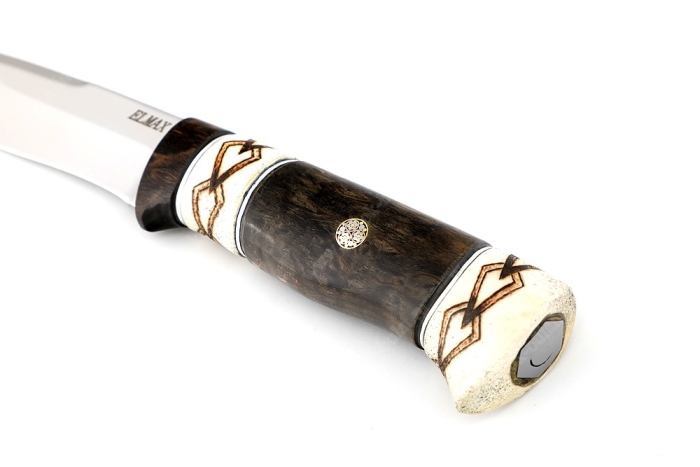 Нож Финт (порошковая сталь Elmax, наборная рукоять рог лося, стабилизированная карельская берёза, выжигание на кости) мозаичный пин