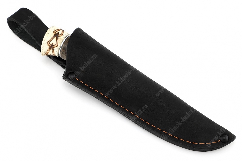 Нож Финт (порошковая сталь Elmax, наборная рукоять рог лося, стабилизированная карельская берёза, выжигание на кости) мозаичный пин