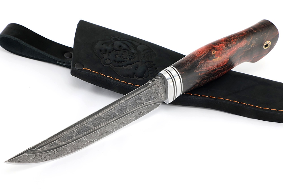 Нож Стрела (дамаск камень долы, карельская берёза черно-красная)