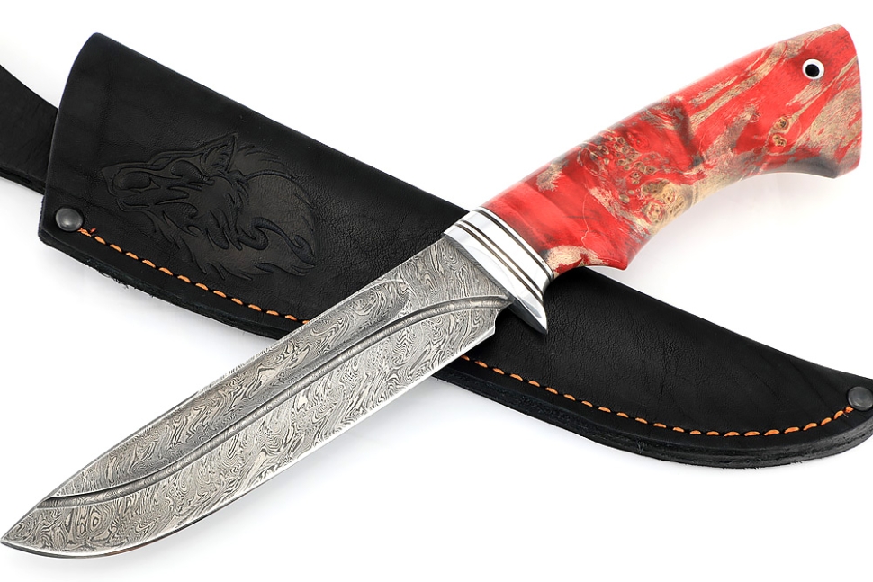 Нож Скат (дамаск- долы, кап клена красный)