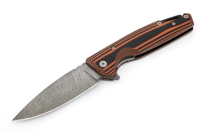 Нож складной Турист дамаск рукоять G10 черно-оранжевая