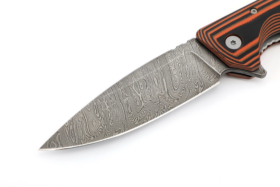 Нож складной Турист дамаск рукоять G10 черно-оранжевая