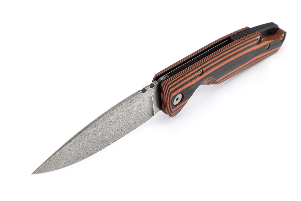 Нож складной Турист дамаск рукоять G10 черно-оранжевая