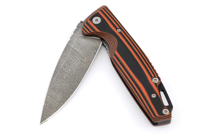 Нож складной Турист дамаск рукоять G10 черно-оранжевая