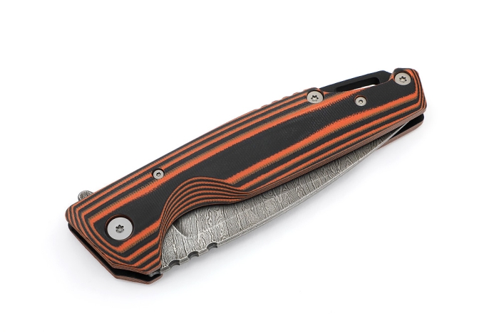 Нож складной Турист дамаск рукоять G10 черно-оранжевая