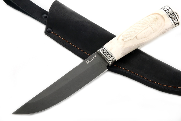 Нож Стрела (булат, рог лося - мельхиор), резьба ручной работы