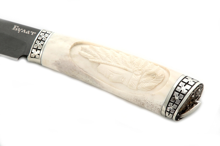 Нож Стрела (булат, рог лося - мельхиор), резьба ручной работы
