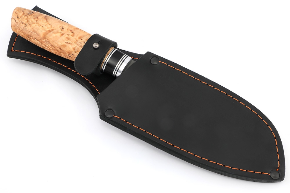 Кухонный нож Сантоку средний (широкий) сталь булат, рукоять вставка черный граб, карельская береза