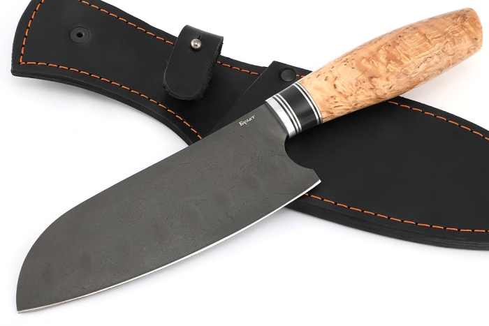 Кухонный нож Сантоку средний (широкий) сталь булат, рукоять вставка черный граб, карельская береза