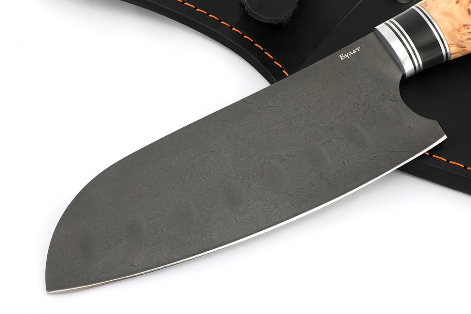 Кухонный нож Сантоку средний (широкий) сталь булат, рукоять вставка черный граб, карельская береза
