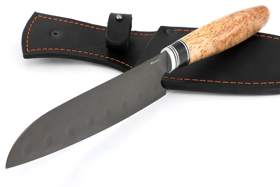 Кухонный нож Сантоку средний (широкий) сталь булат, рукоять вставка черный граб, карельская береза