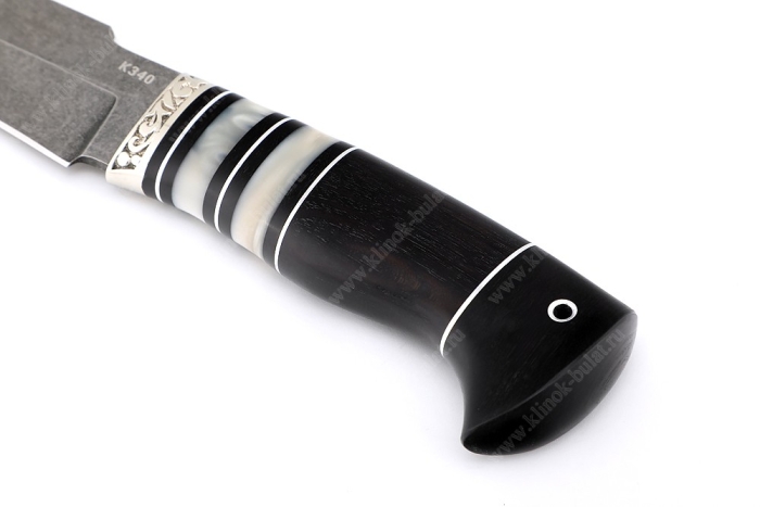 Нож Викинг (сталь K340, рукоять наборная акрил чёрный граб, гарда мельхиор)