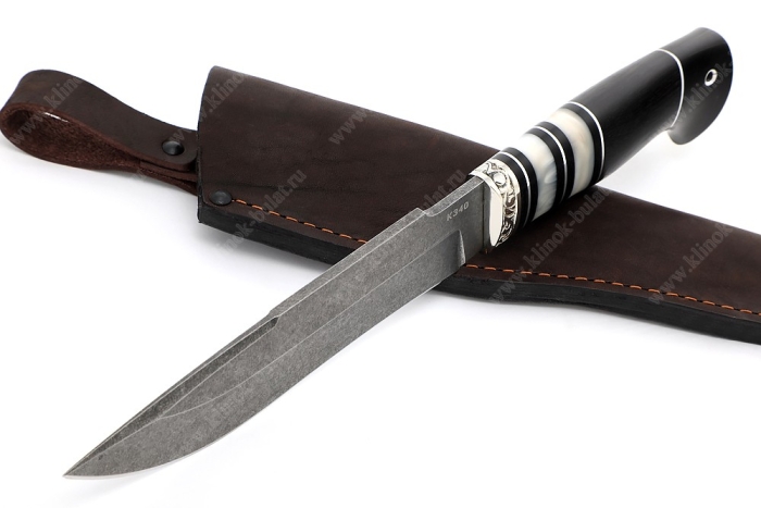 Нож Викинг (сталь K340, рукоять наборная акрил чёрный граб, гарда мельхиор)