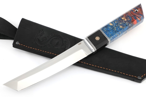 Нож Самурай (Х12МФ, вставка черный граб, мозаичный пин + кап клена сине красный)