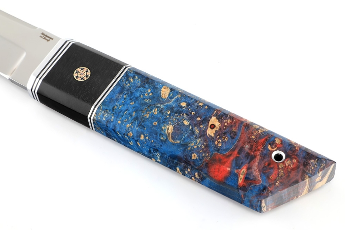 Нож Самурай (Х12МФ, вставка черный граб, мозаичный пин + кап клена сине красный)