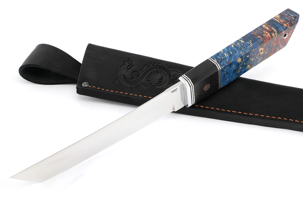 Нож Самурай (Х12МФ, вставка черный граб, мозаичный пин + кап клена сине красный)