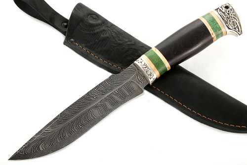 Нож Викинг (торцевой дамаск с никелем - перо, рукоять наборная чёрный граб - карельская берёза - мельхиор)