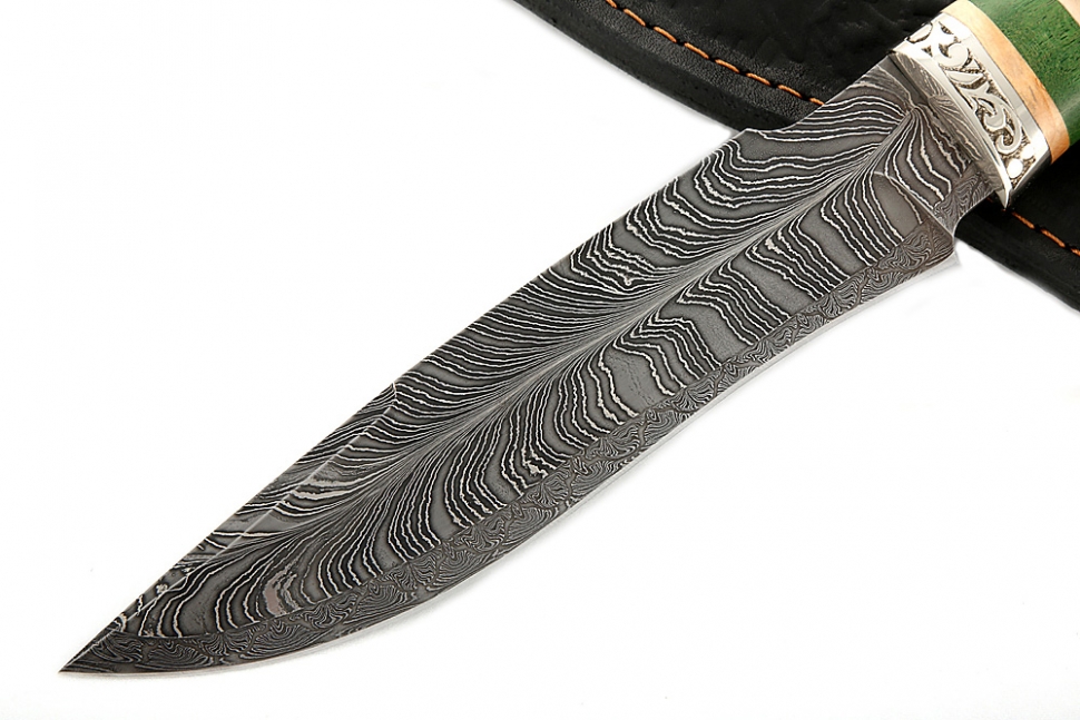 Нож Викинг (торцевой дамаск с никелем - перо, рукоять наборная чёрный граб - карельская берёза - мельхиор)
