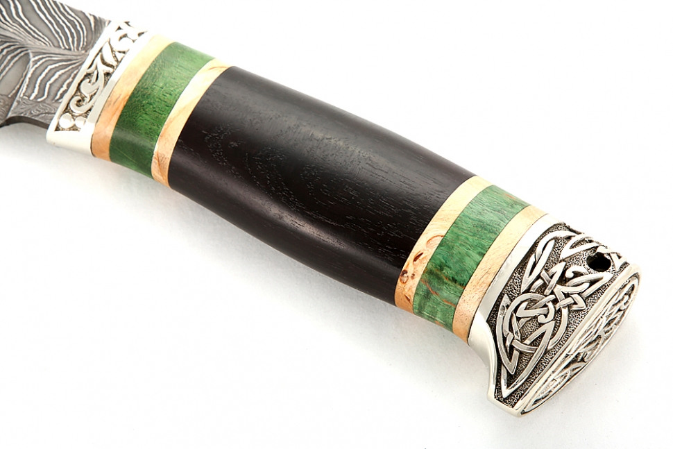 Нож Викинг (торцевой дамаск с никелем - перо, рукоять наборная чёрный граб - карельская берёза - мельхиор)