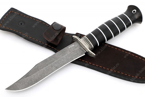 Нож Гладиатор (К340, рукоять наборная чёрный граб и кожа, гарда мельхиор)