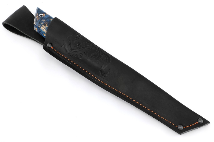 Нож Самурай малый (Х12МФ, вставка черный граб, мозаичный пин + кап клена сине красный)