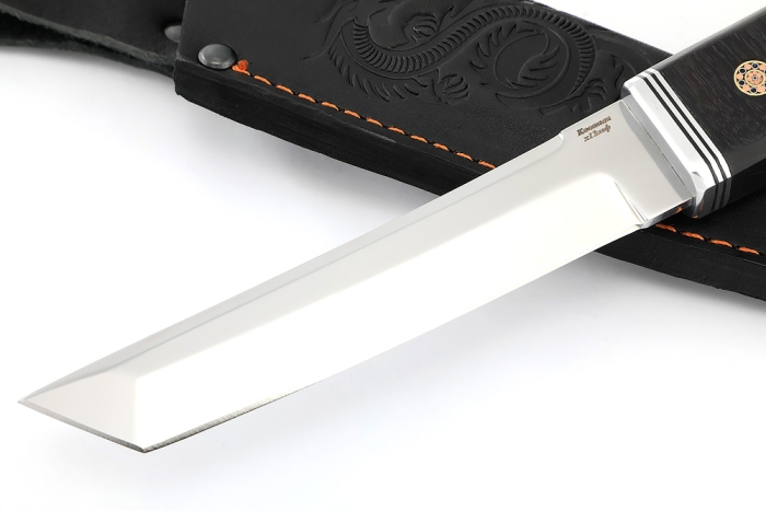 Нож Самурай малый (Х12МФ, вставка черный граб, мозаичный пин + кап клена сине красный)