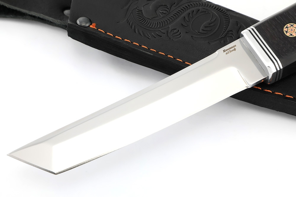 Нож Самурай малый (Х12МФ, вставка черный граб, мозаичный пин + кап клена сине красный)