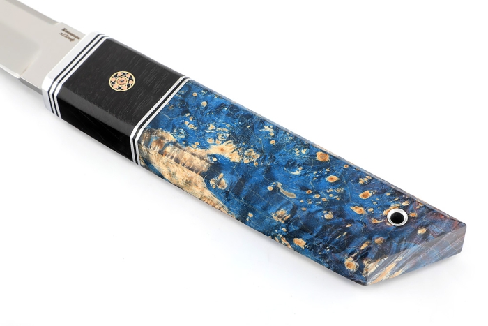 Нож Самурай малый (Х12МФ, вставка черный граб, мозаичный пин + кап клена сине красный)