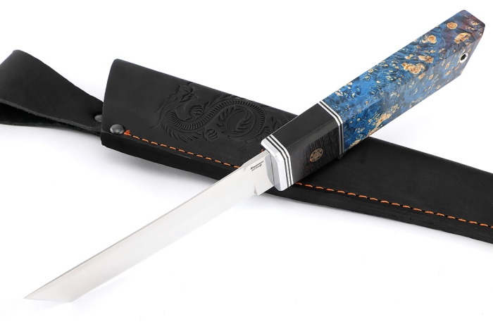 Нож Самурай малый (Х12МФ, вставка черный граб, мозаичный пин + кап клена сине красный)