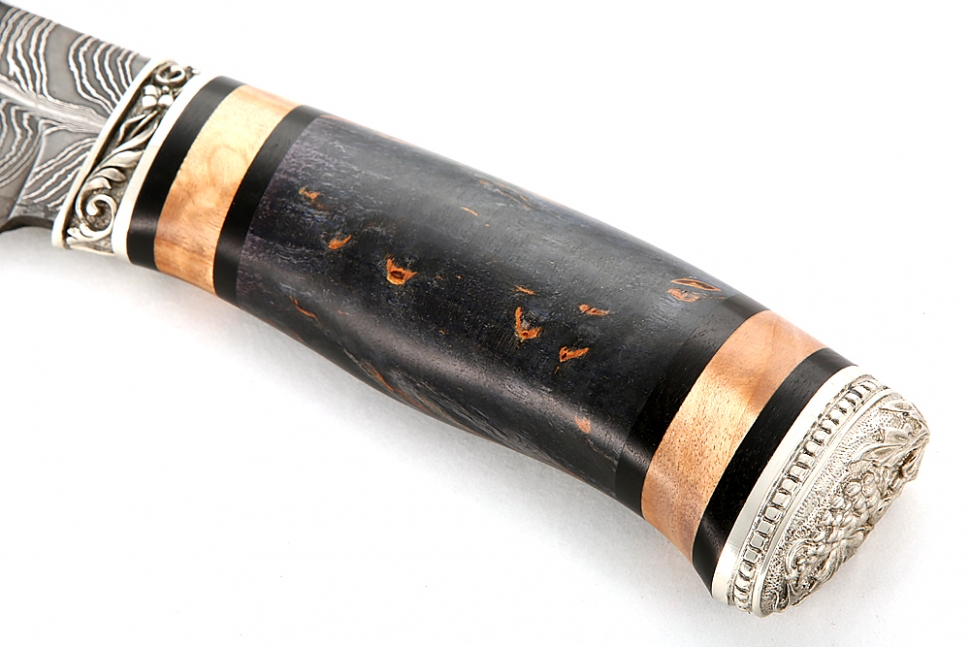 Нож Таран (торцевой дамаск с никелем - перо, рукоять наборная стабилизированная карельская берёза - мельхиор)