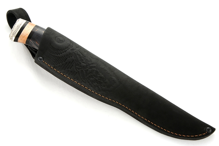 Нож Таран (торцевой дамаск с никелем - перо, рукоять наборная стабилизированная карельская берёза - мельхиор)