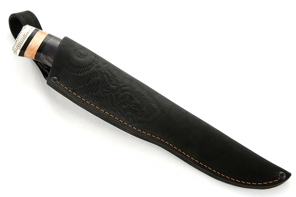 Нож Таран (торцевой дамаск с никелем - перо, рукоять наборная стабилизированная карельская берёза - мельхиор)