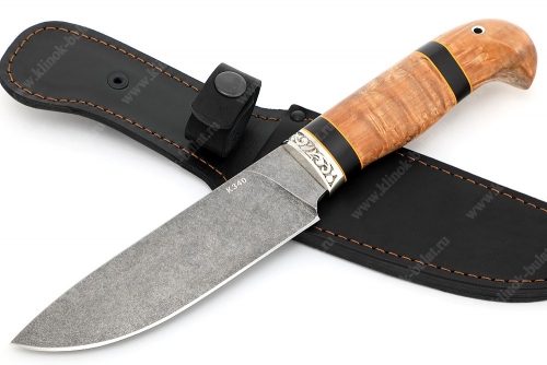 Нож Глухарь (К340, рукоять наборная карельская берёза, проставки чёрный граб, фибра) гарда мельхиор