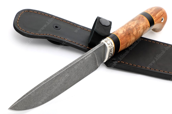 Нож Глухарь (К340, рукоять наборная карельская берёза, проставки чёрный граб, фибра) гарда мельхиор