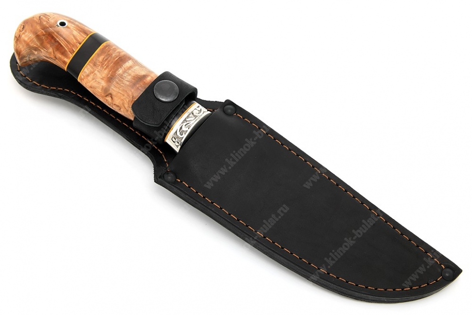 Нож Глухарь (К340, рукоять наборная карельская берёза, проставки чёрный граб, фибра) гарда мельхиор