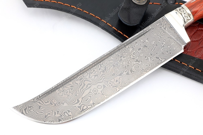 Нож Узбек-3 (нержавеющий дамаск, падук, резная рукоять, инкрустация) резная рукоять, мозаичная втулка под темляк