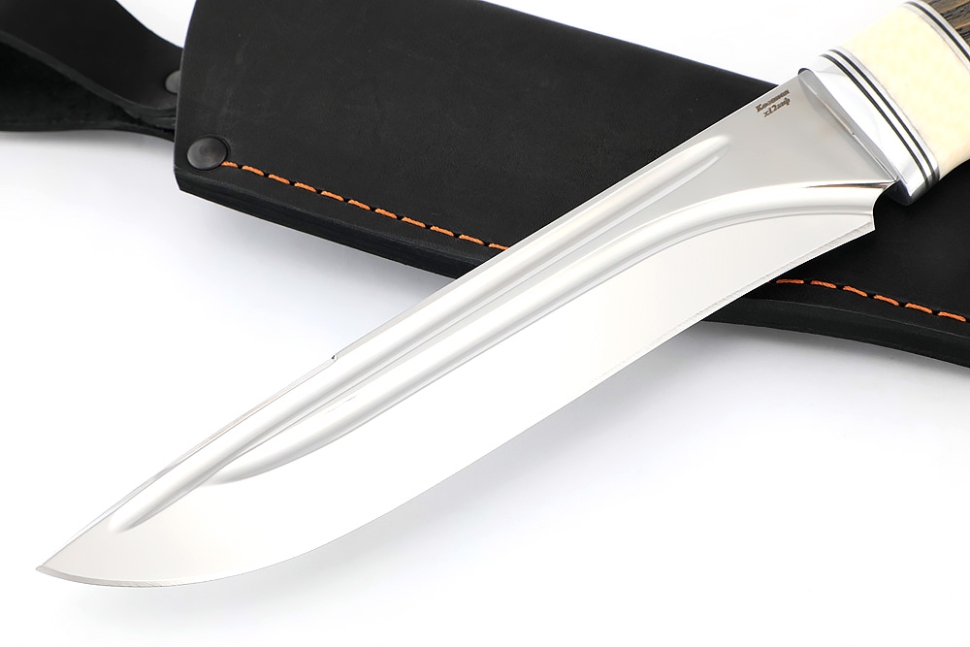 Нож Таран (х12МФ, долы, вставка кость, ясень стабилизированный)