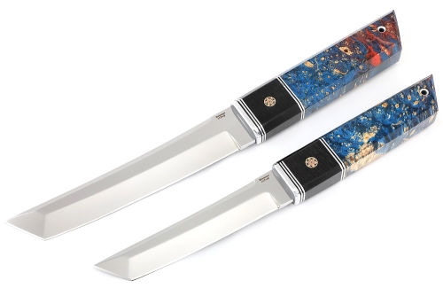 Комплект из 2 ножей Самурай сталь кованая Х12МФ, рукоять вставка черный граб, мозаичный пин + кап клена сине красный